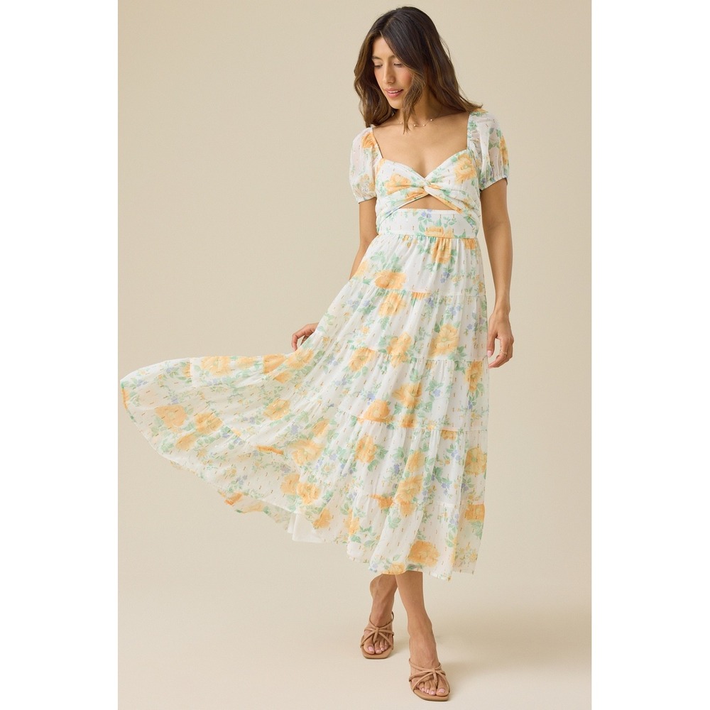 Altar'd State Floral Cutout Tiered Maxi Dress Gold Lurex Size 3XL NWT